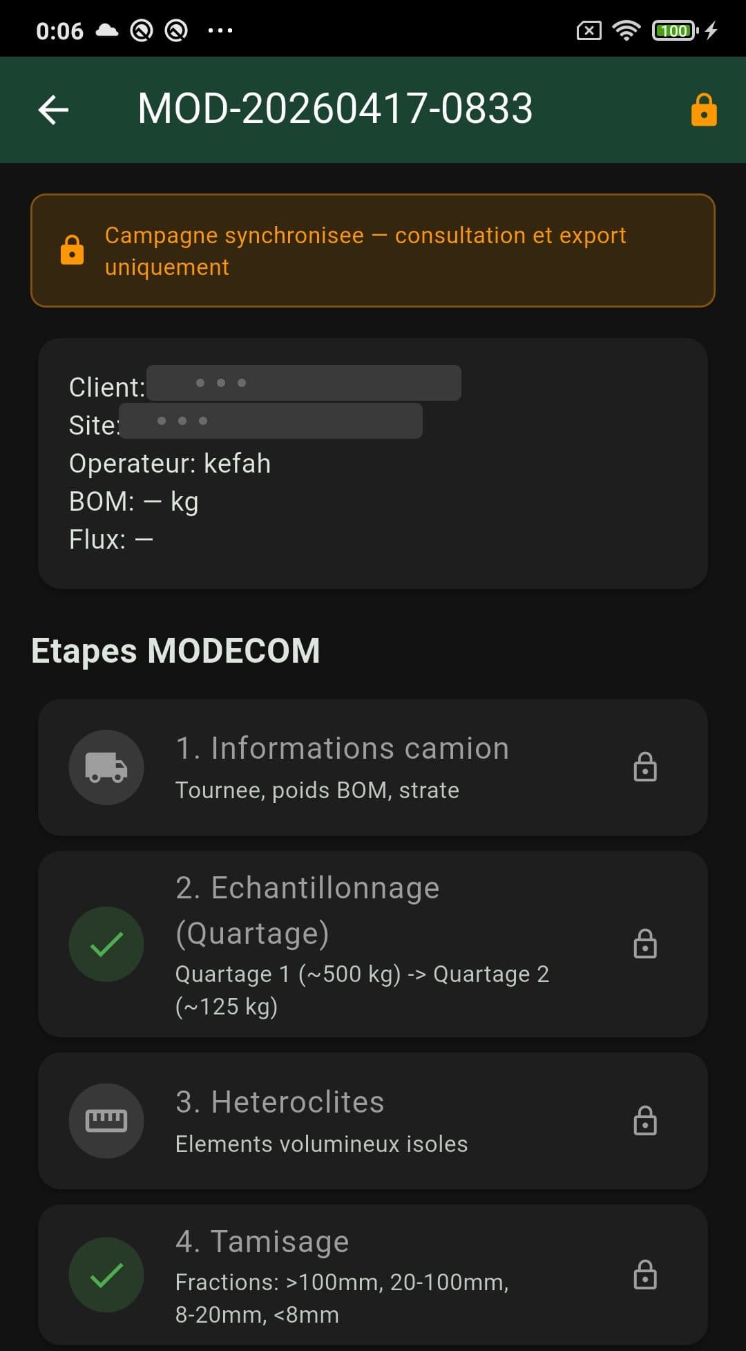 Capture d'écran de tridata montrant les étapes guidées d'une campagne MODECOM : informations camion, échantillonnage par quartage, hétéroclites, tamisage par fractions granulométriques